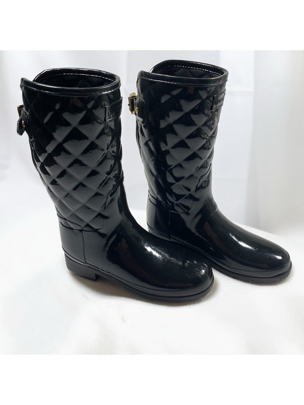 Hunter Refined Adjustable Quilted Short Gloss Black Rain Boots Women's US 6